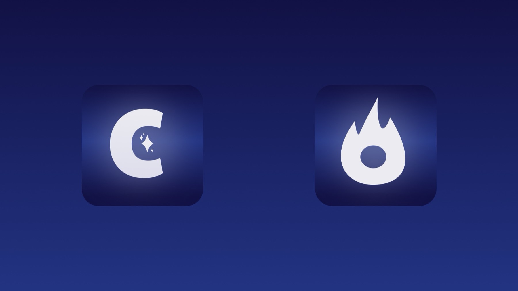 Appikoner for Curio — en måne og en flamme på dyp blå